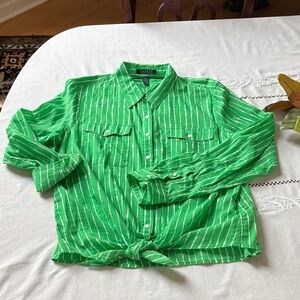 Lauren Ralph Lauren Green and White Striped Button-Down Shirt